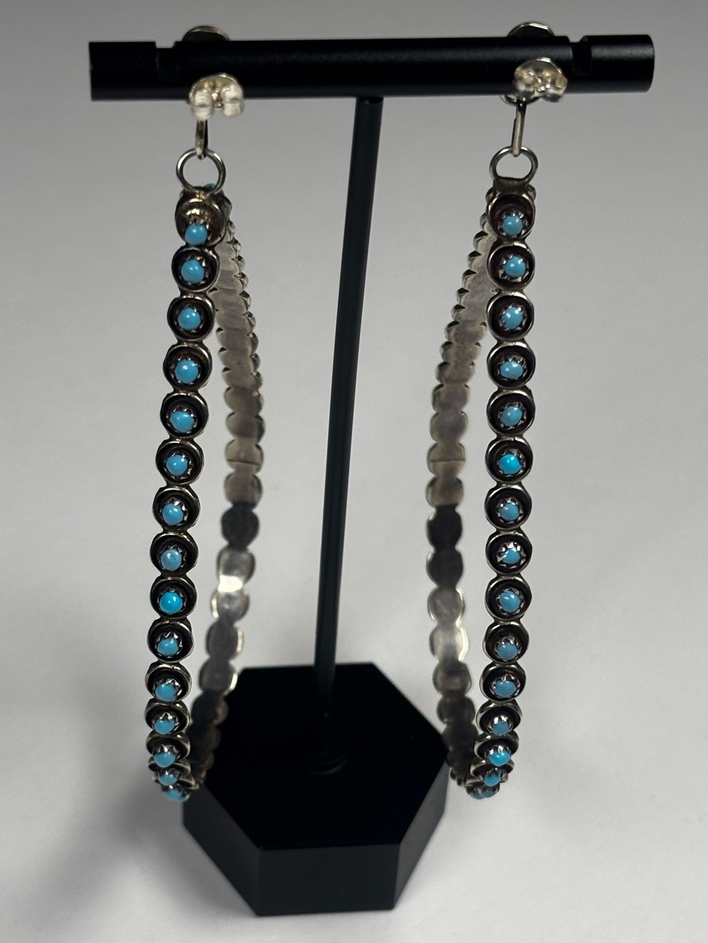 Zuni Large Tear Drop Snake Eye Turquoise and Sterling Silver Earrings.